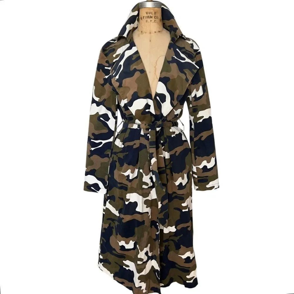 Camouflage Belted Trench Coat with Classic Lapels Size L/XL